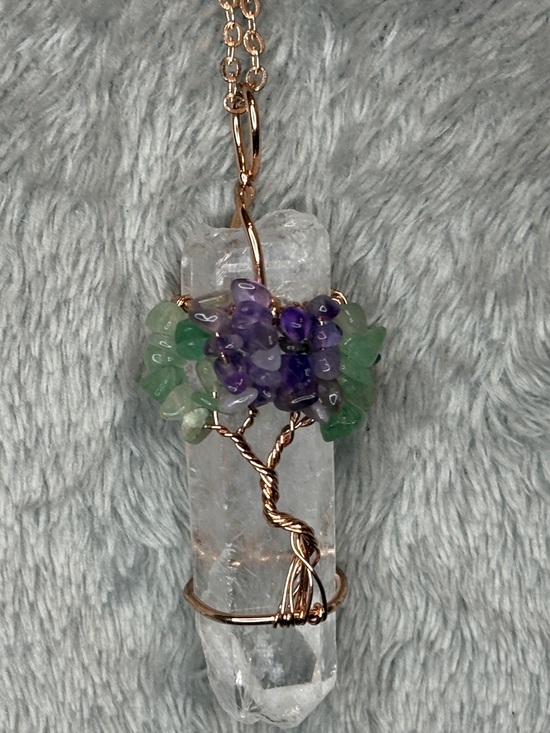 Jewelry - Rose Gold Wire-Wrapped Crystal Tree Pendant Necklace in Purple and Green